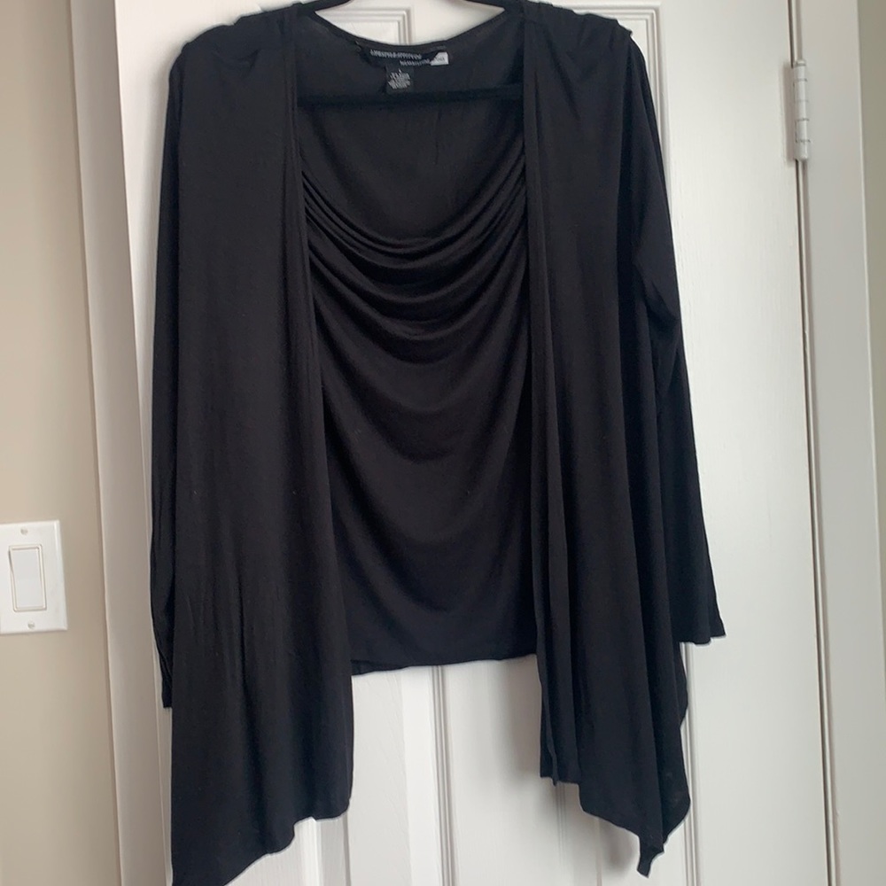 Black Long Sleeve Draped Collar Stretch Cardigan Top